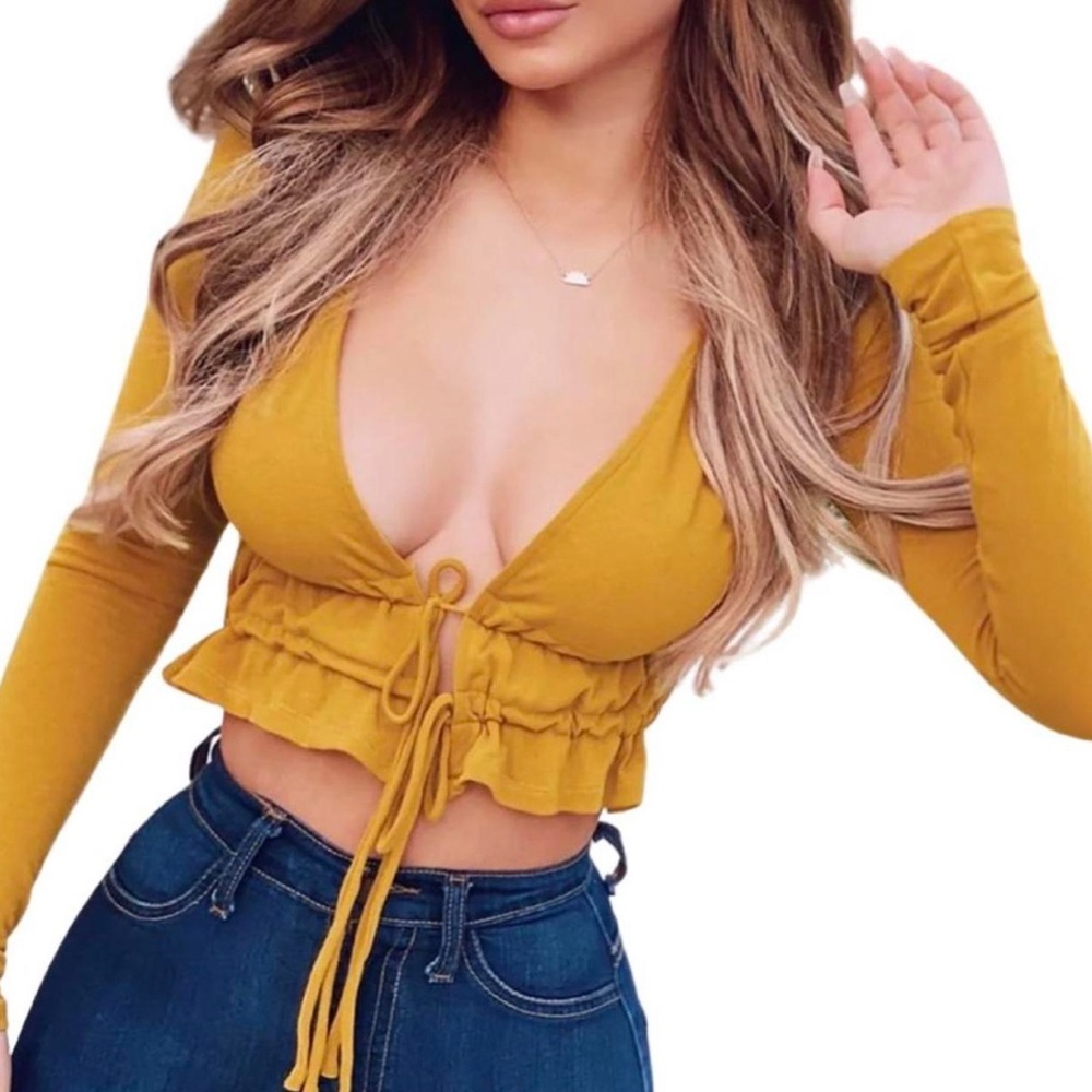 Fashion Nova | Mustard Yellow Ruffle Long Sleeve Tie-Front Top/Cardigan Medium
